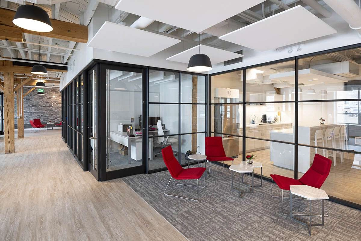 A modern lounge area in a stylish office building
