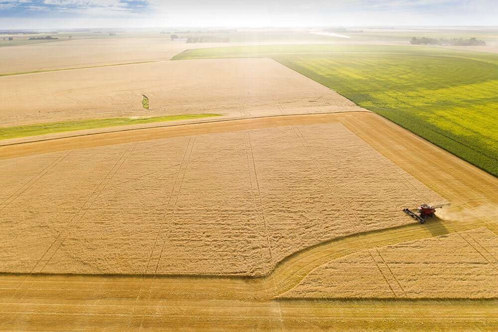 Aerial image of combine on prairies