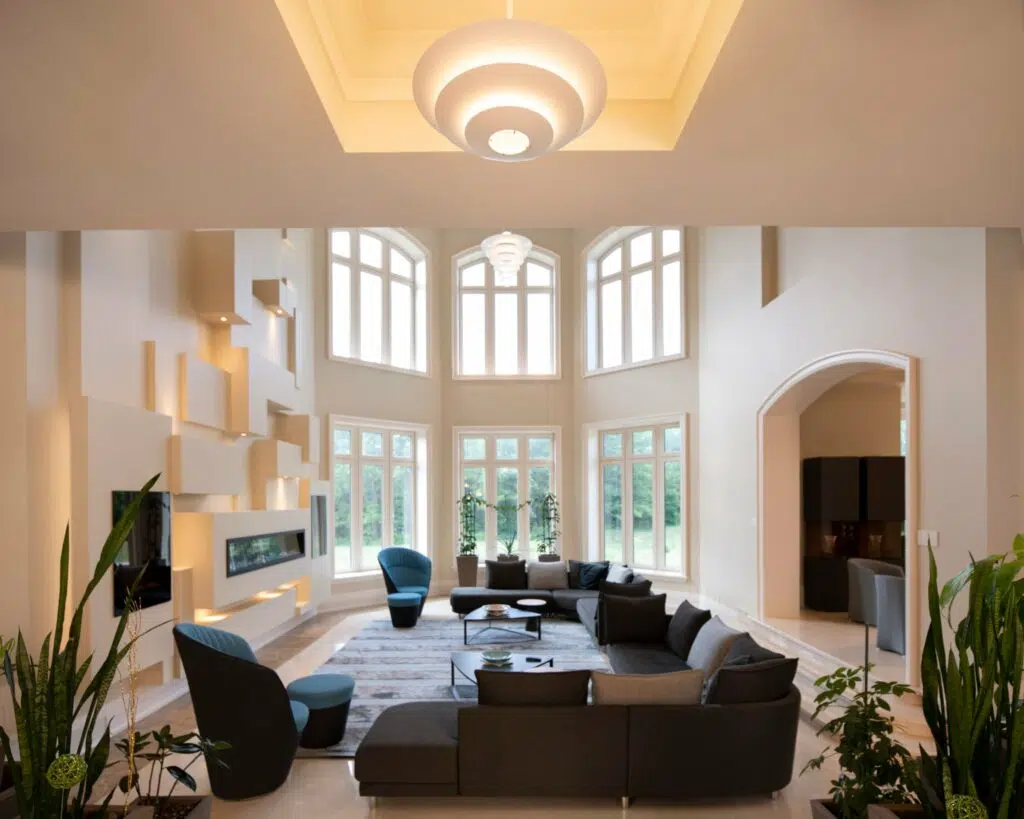 Ceiling and wall light fixtures in a living room space